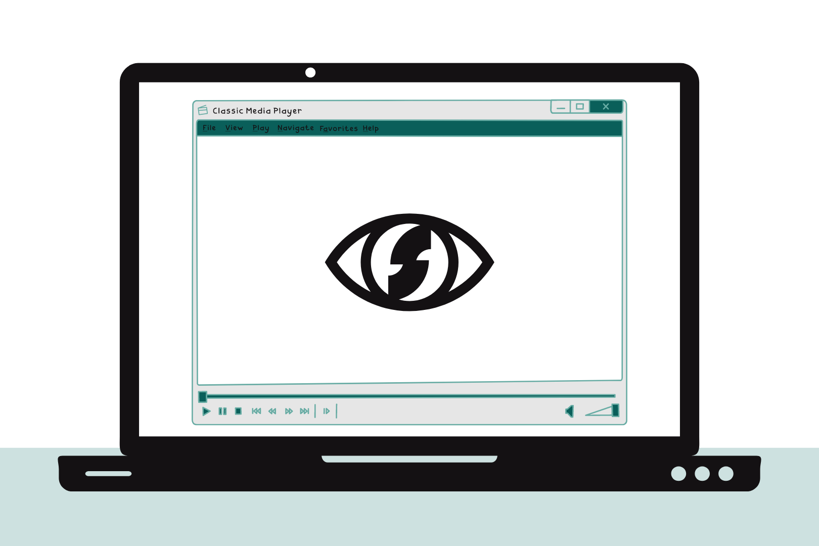 Grafiikkakuva tietokoneesta, jossa on auki videosoitin, jonka sisällä on Selko Digitalin silmälogo.