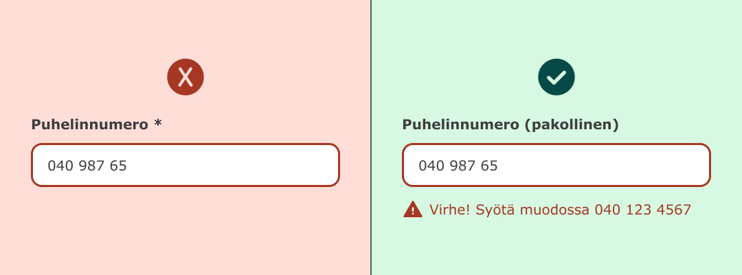 Kaksi esimerkkiä virheviestistä lomakekentässä: vasemmalla näytetään väärä tapa – kenttä on merkitty virheelliseksi punaisella reunuksella, mutta virheilmoitus puuttuu. Oikealla näytetään oikea tapa – punareunuksisen kentän alla on selkeä virheilmoitus "Virhe! Syötä muodossa 040 123 4567".
