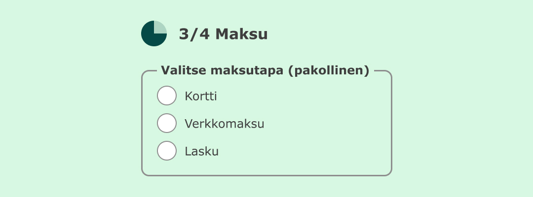 Lomakkeen vaihe 3/4 Maksu. Pakollinen radioryhmä nimilapulla "Valitse maksutapa (pakollinen)", jossa kolme valitsematonta vaihtoehtoa: Kortti, Verkkomaksu ja Lasku.
